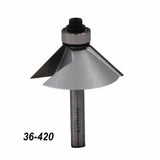 Chamfer router bit with bearing, silver finish, item number 36-420, for woodworking tools.