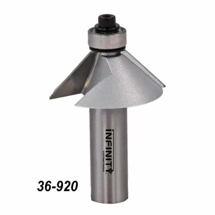 Chamfer router bit with bearing, sharp cutting edges, and 36-920 model number visible.