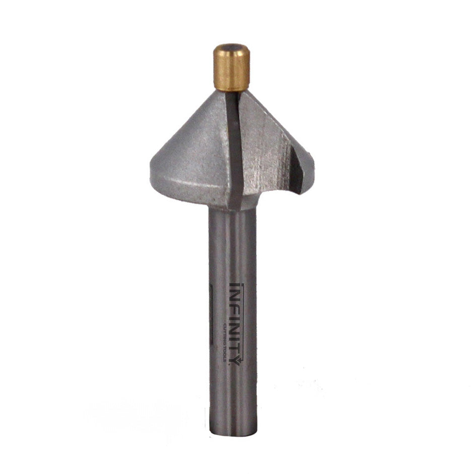 Chamfer router bit with steel shank and brass guide for woodworking projects