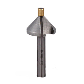 Chamfer router bit with steel shank and brass guide for woodworking projects
