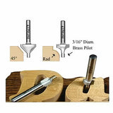 Router bits with brass pilot for woodworking, showing 45-degree chamfer and roundover cuts