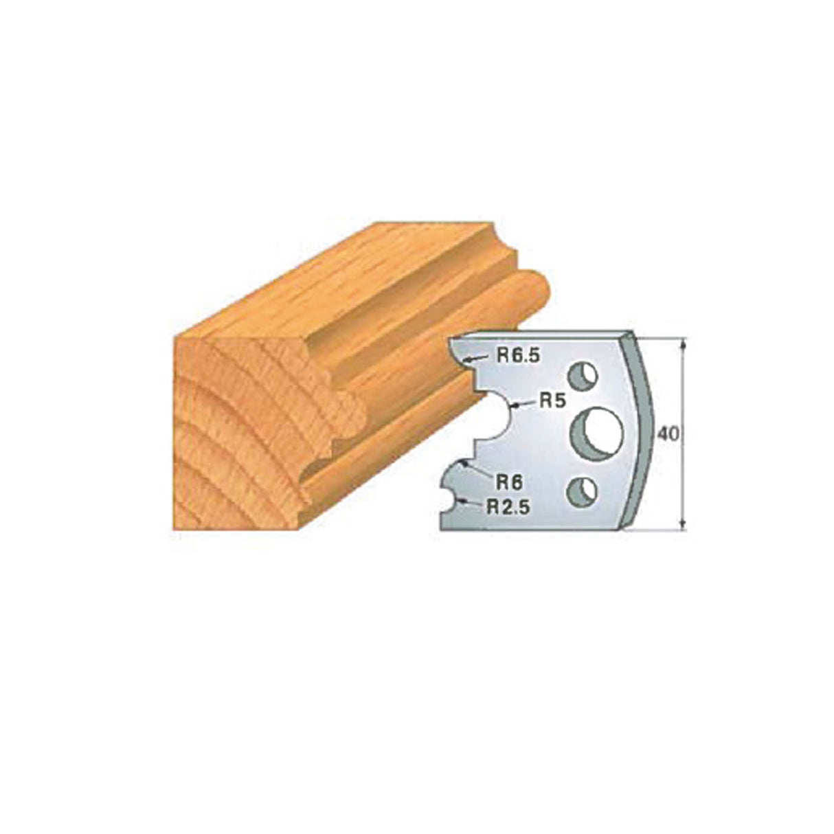 Woodworking molding cutter profile with cutting blade and wood sample, showing curved edge design.