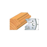 Woodworking molding cutter profile with cutting blade and wood sample, showing curved edge design.
