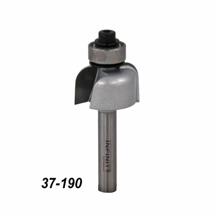 Roundover router bit with bearing, labeled 37-190, used for woodworking.