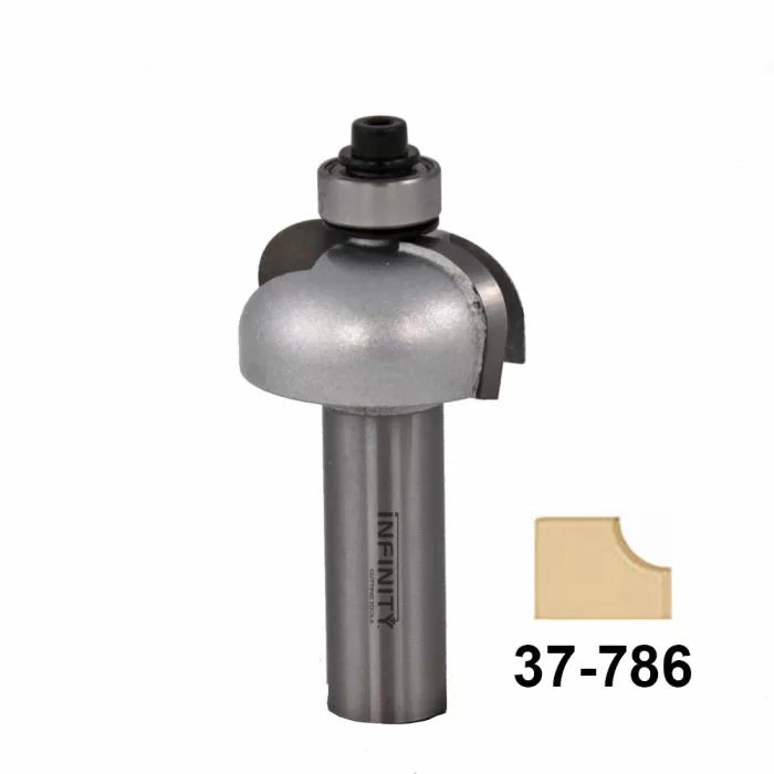Roundover router bit with bearing, carbide woodworking tool, model 37-786 and profile sample