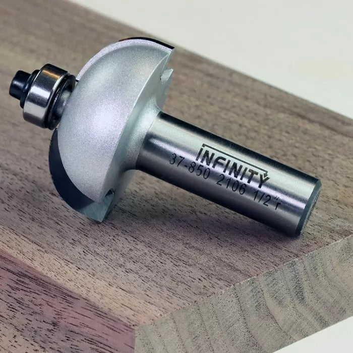 Roundover router bit with bearing for woodworking on a wooden board