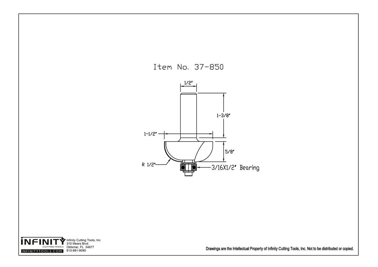 Technical diagram of a roundover router bit with measurements and 3/16 x 1/2 inch bearing.
