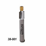 Carbide-tipped straight router bit for woodworking, labeled 38-001, on white background.