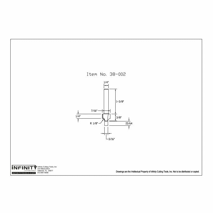 Technical drawing of router bit with dimensions, item number 38-002, for woodworking tools.