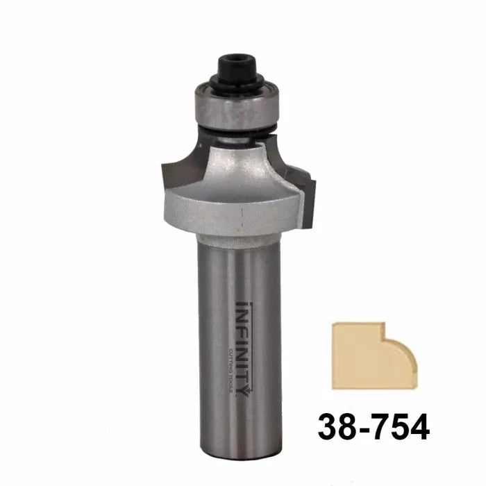 Roundover router bit with guide bearing for woodworking, profile sample, and part number 38-754