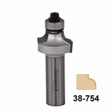 Roundover router bit with guide bearing for woodworking, profile sample, and part number 38-754