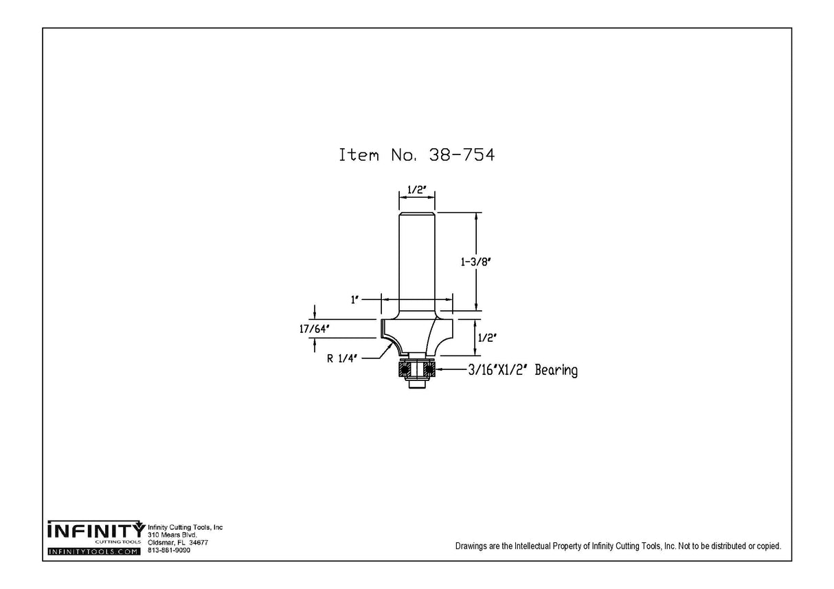 Router bit technical drawing with labeled dimensions and bearing, item 38-754.