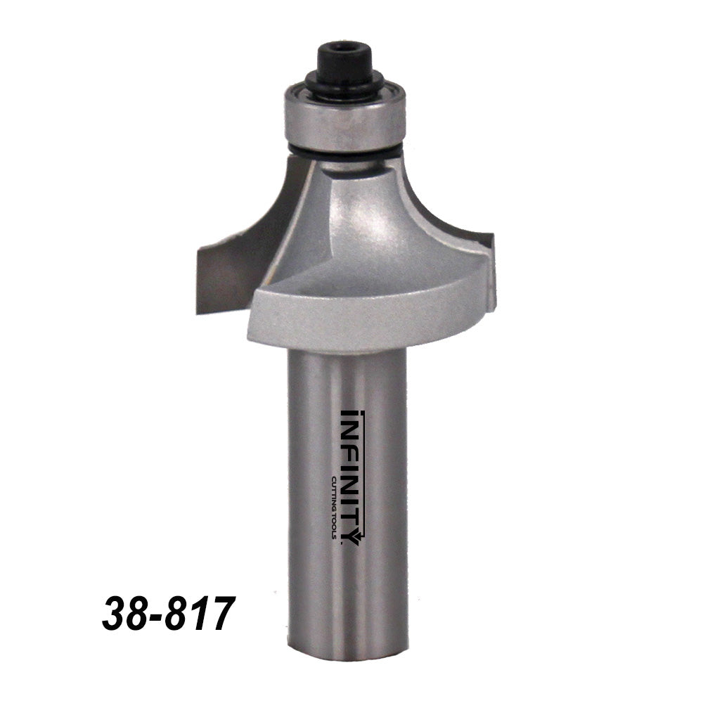 Roundover router bit for woodworking, steel body, marked 38-817, on white background.