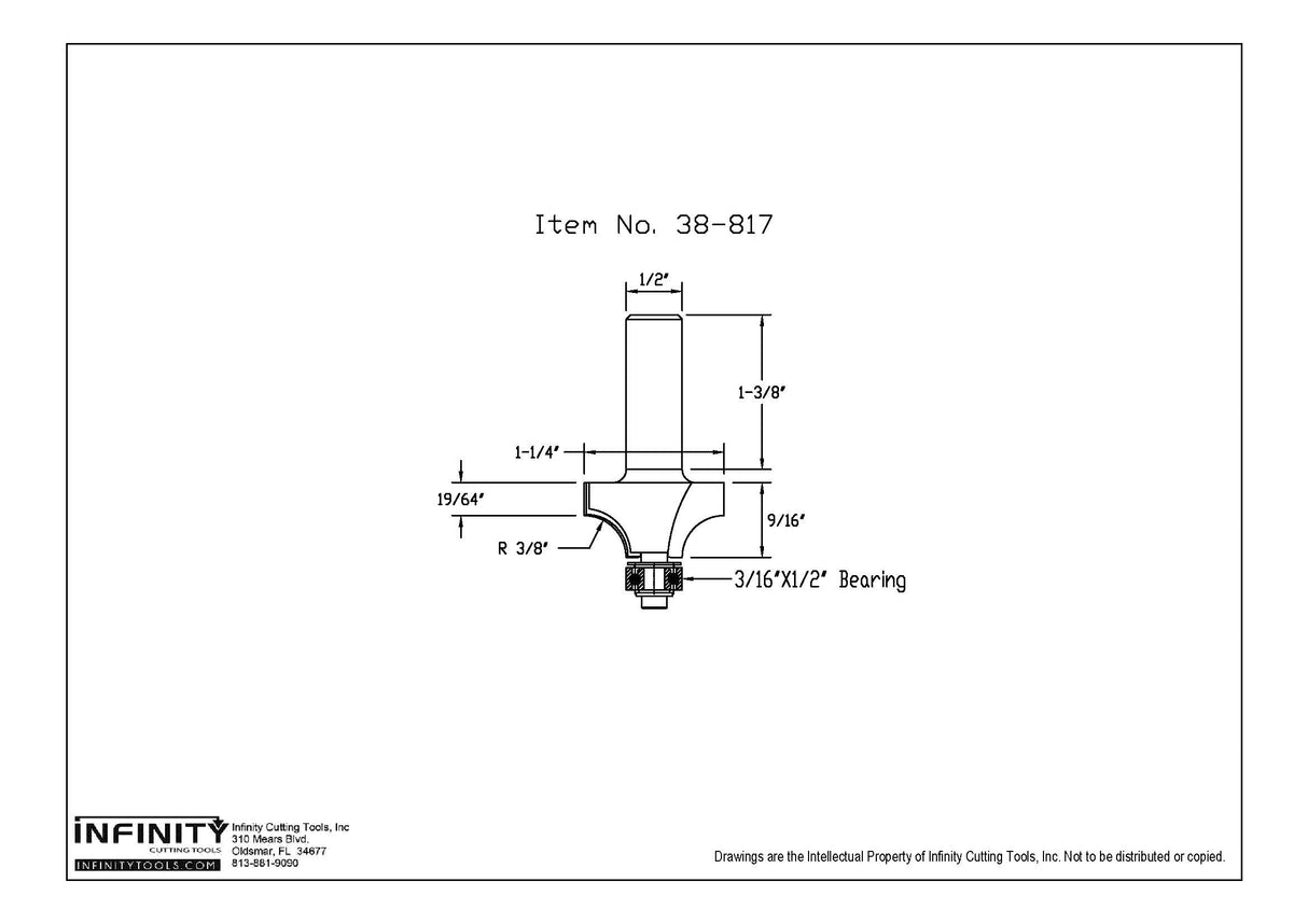 Technical diagram of router bit with item number 38-817, showing detailed measurements and bearing size.