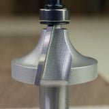 Close-up of a roundover router bit with bearing for woodworking precision cuts