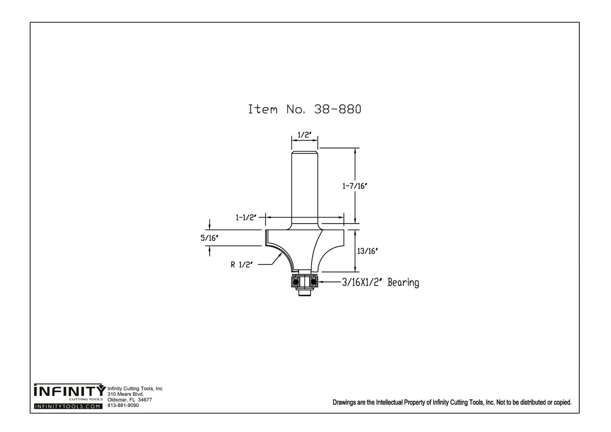 Technical diagram of roundover router bit with dimensions and bearing, Item No. 38-880.