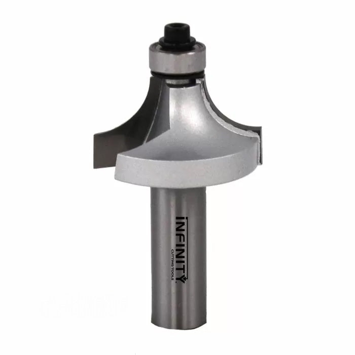 Roundover router bit with bearing for woodworking, silver finish, close-up view