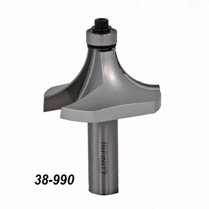 Large steel roundover router bit with bearing, labeled 38-990, for woodworking tools.