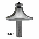 Curved edge woodworking router bit with bearing, labeled 38-991, for precision cutting.