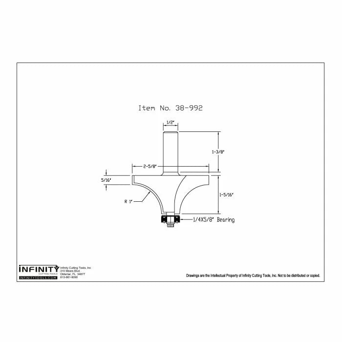 Technical drawing of a router bit with dimensions and labeled bearing, item number 38-992.