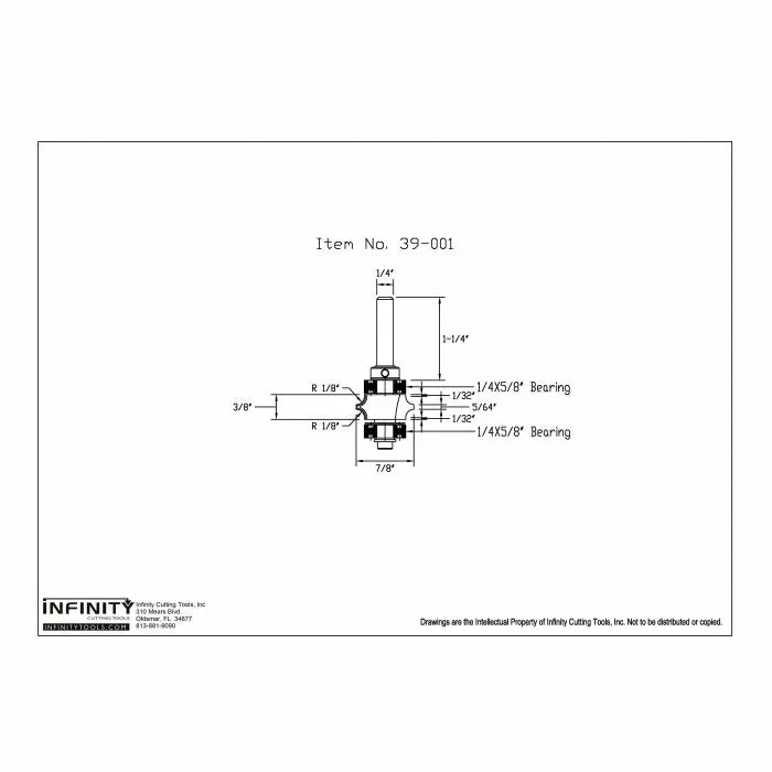 Technical drawing of woodworking router bit with dimensions and 1/4" shank, item 39-001.