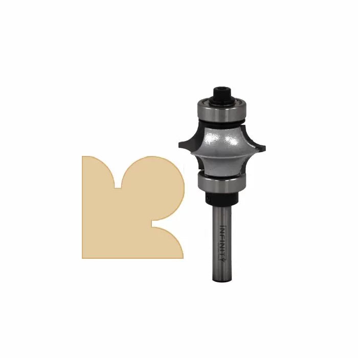 Woodworking router bit with bearing and decorative edge profile sample on white background