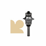 Woodworking router bit with bearing and decorative edge profile sample on white background