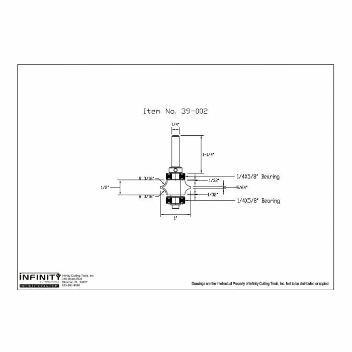 Technical drawing of woodworking router bit with labeled dimensions and 1/4" shaft, item 39-002.