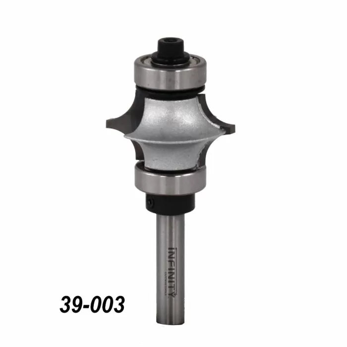 Woodworking router bit with bearings, model 39-003, used for precise edge cutting.