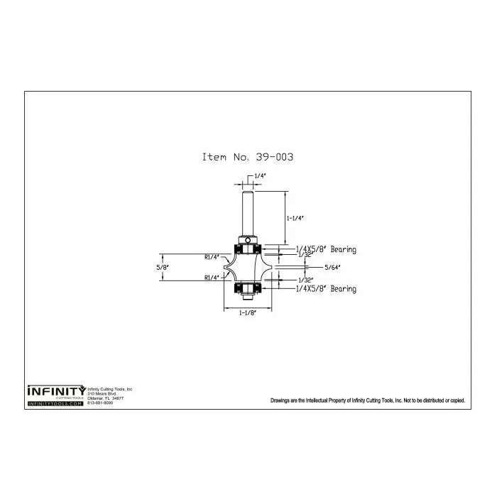 Technical drawing of woodworking router bit with precise dimensions and bearing sizes labeled