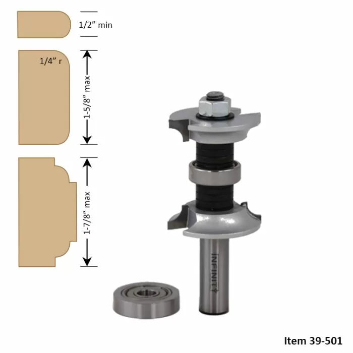Router bit with bearing and wood edge profiles, woodworking tool for shaping edges.