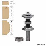 Router bit with bearing and wood edge profiles, woodworking tool for shaping edges.