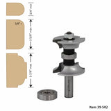 Woodworking router bit set with bearing, showing profile cut options and size measurements