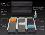 Diamond sharpening system with magnetic covers, leather strops, polishing wax, lapping fluid, and storage case.