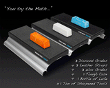 Three sharpening stones with orange, white, and blue wax bars for woodworking tool sharpening.