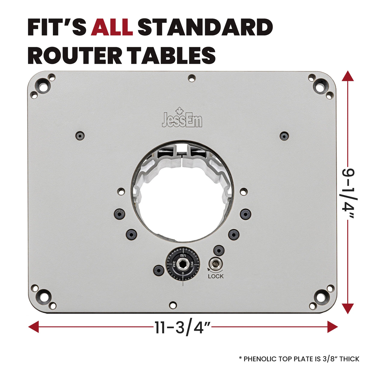 Router lift mounting plate with JessEm logo, fits standard router tables, 11-3/4 by 9-1/4 inch size.