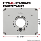 Router lift mounting plate with JessEm logo, fits standard router tables, 11-3/4 by 9-1/4 inch size.