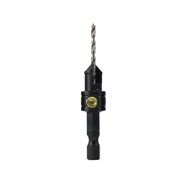 Hex shank woodworking drill bit with adjustable stop collar on white background