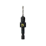 Hex shank woodworking drill bit with adjustable stop collar on white background