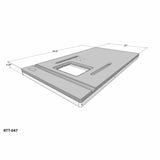 3D model of router table top with miter slots, insert opening, and measurements shown