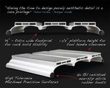 Side profiles of a machined aluminum woodworking tool platform with wide base, non-slip rubber boots, and precision surfaces.