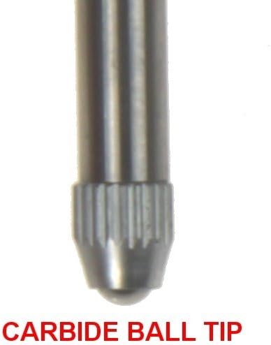 Close-up of a carbide ball tip engraving tool with grooved steel shaft on white background