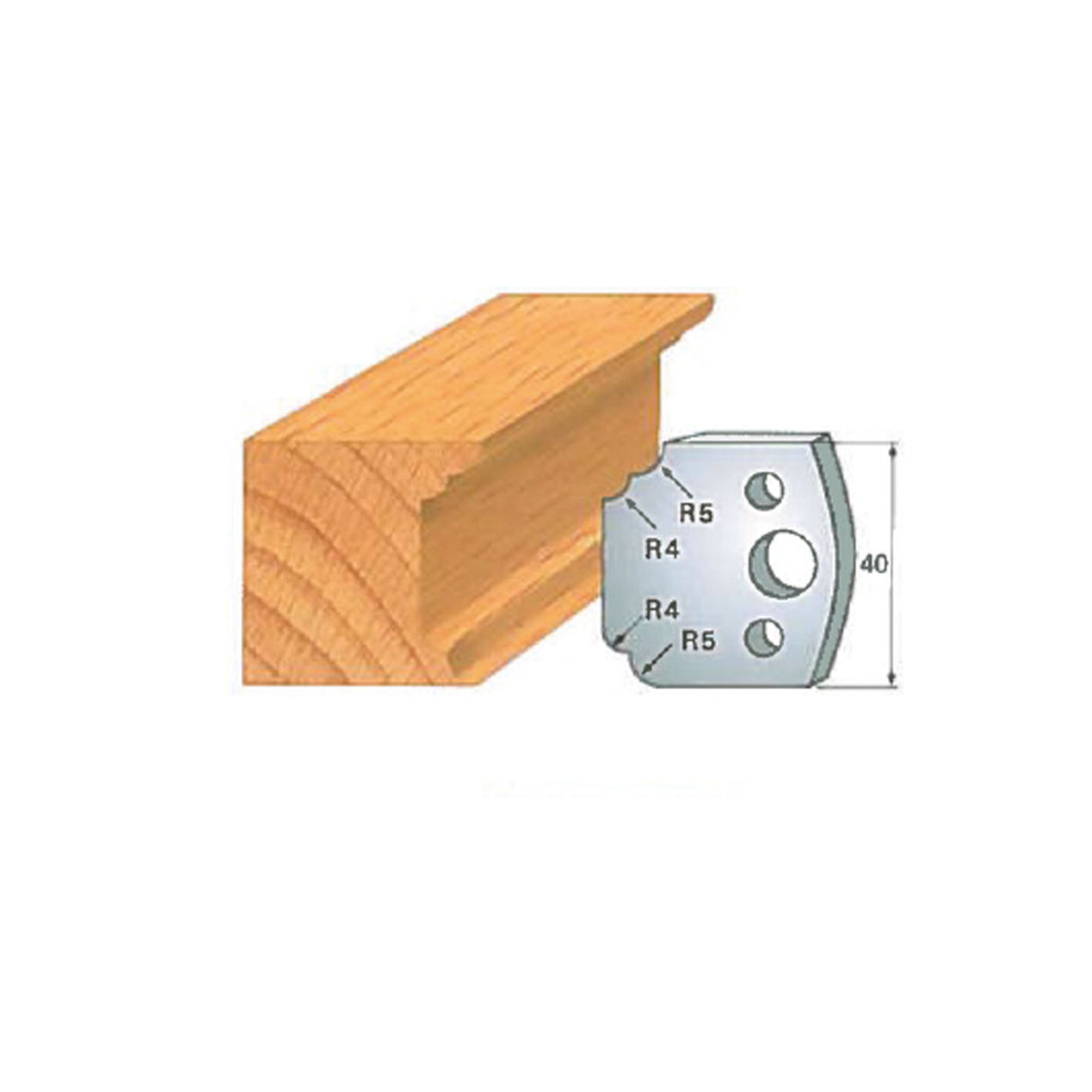 Carbide profile cutter blade with wood molding sample and detailed measurements, woodworking tool