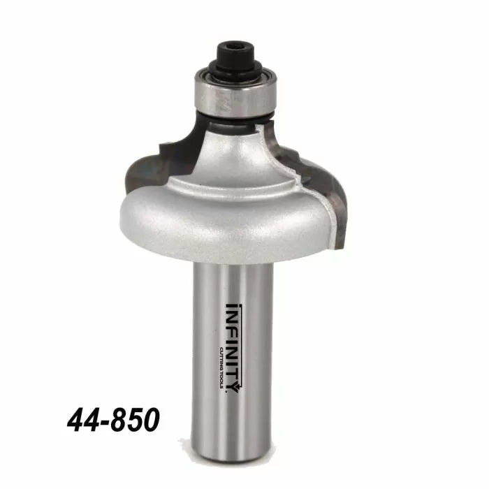 Carbide router bit with bearing for woodworking, labeled 44-850, isolated on white background
