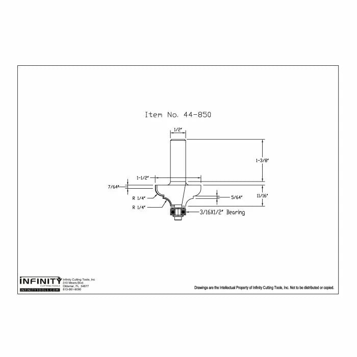 Technical drawing of router bit 44-850 with detailed measurements and bearing size.