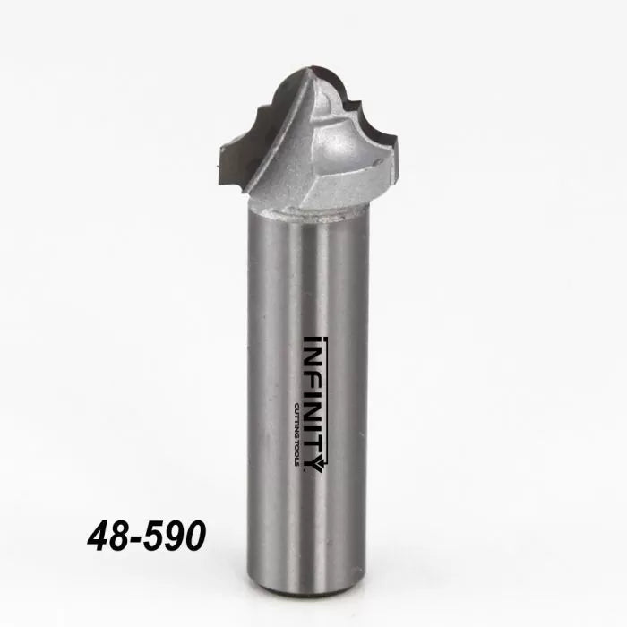 Carbide-tipped woodworking router bit with decorative profile, labeled 48-590, on white background.