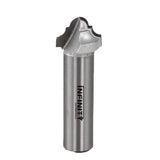 Decorative edge router bit with steel shank for woodworking on white background