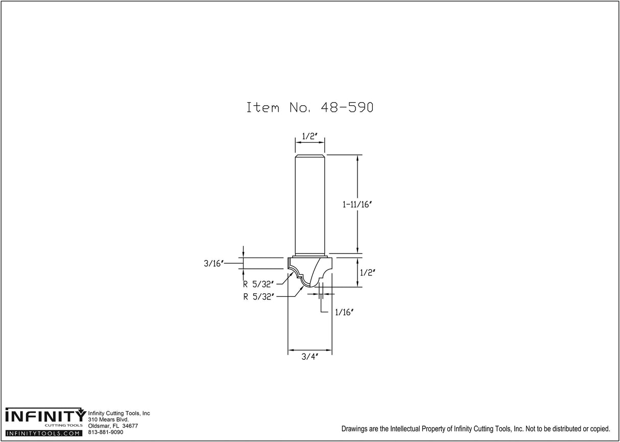 Technical drawing of woodworking router bit with measurements, labeled item 48-590