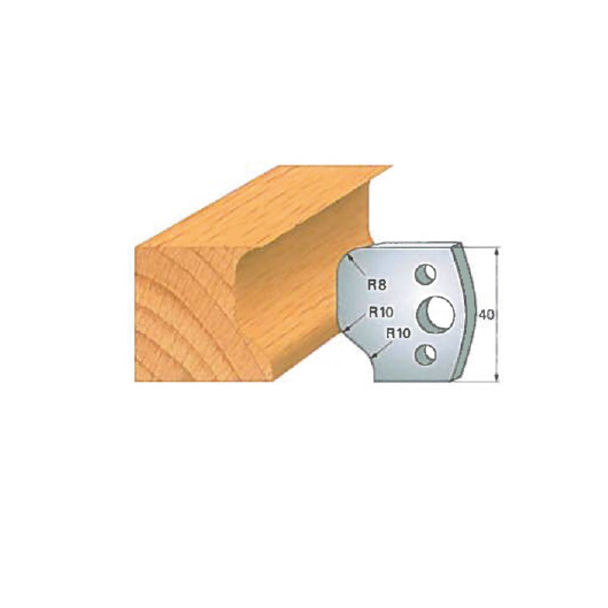 Woodworking molding profile cutter next to shaped wood block with radius markings and measurements