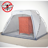 Spray shelter tent with mesh screen protecting painted dresser, woodworking dust control